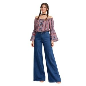 Venus Women Paisley Off The Shoulder Smocked Waist Bell Sleeve Blouse Red Blue 6